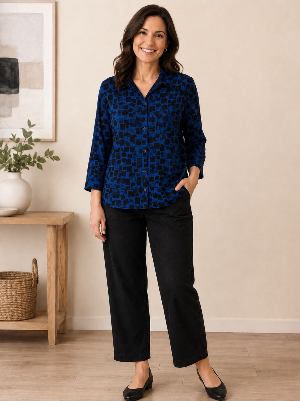 Habitat 75% Rayon 26% Nylon Blue and Black Geometric Button-Down Shirt